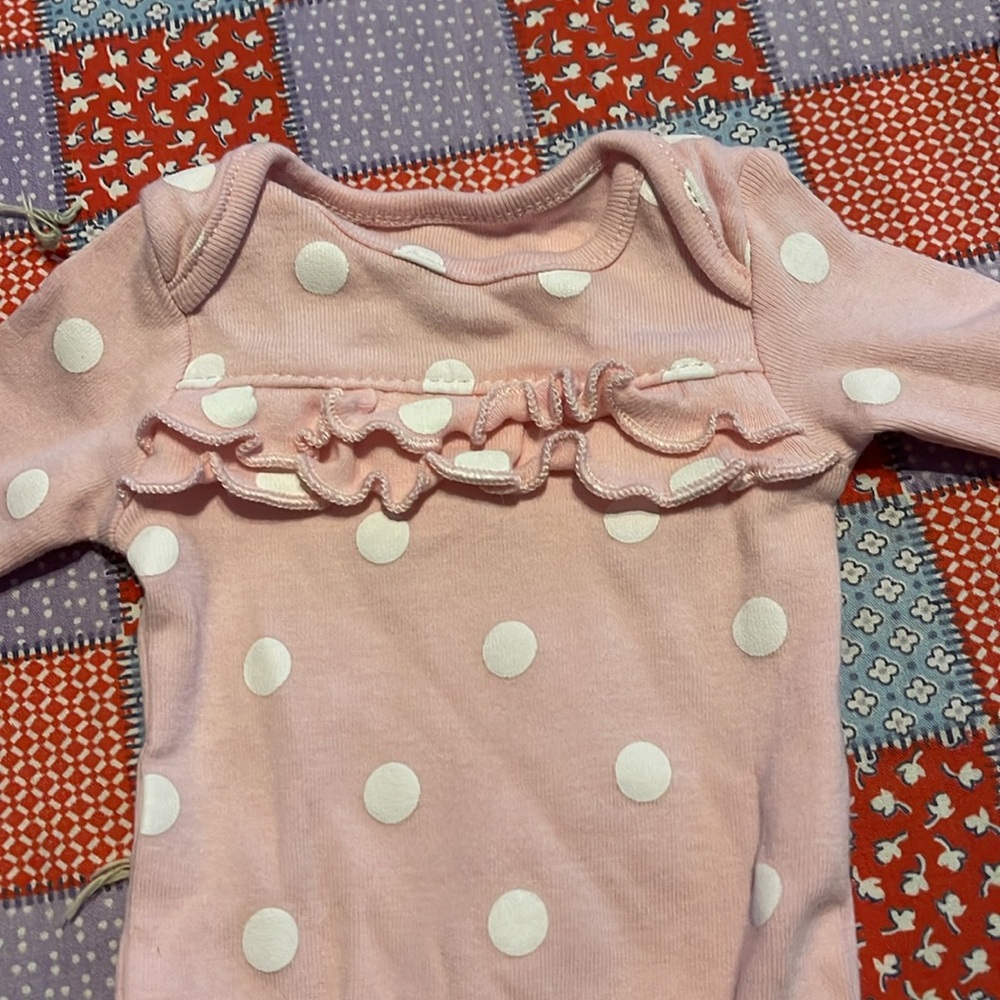 Carter’s. Preemie Long sleeve onesie. Pink and white dots.